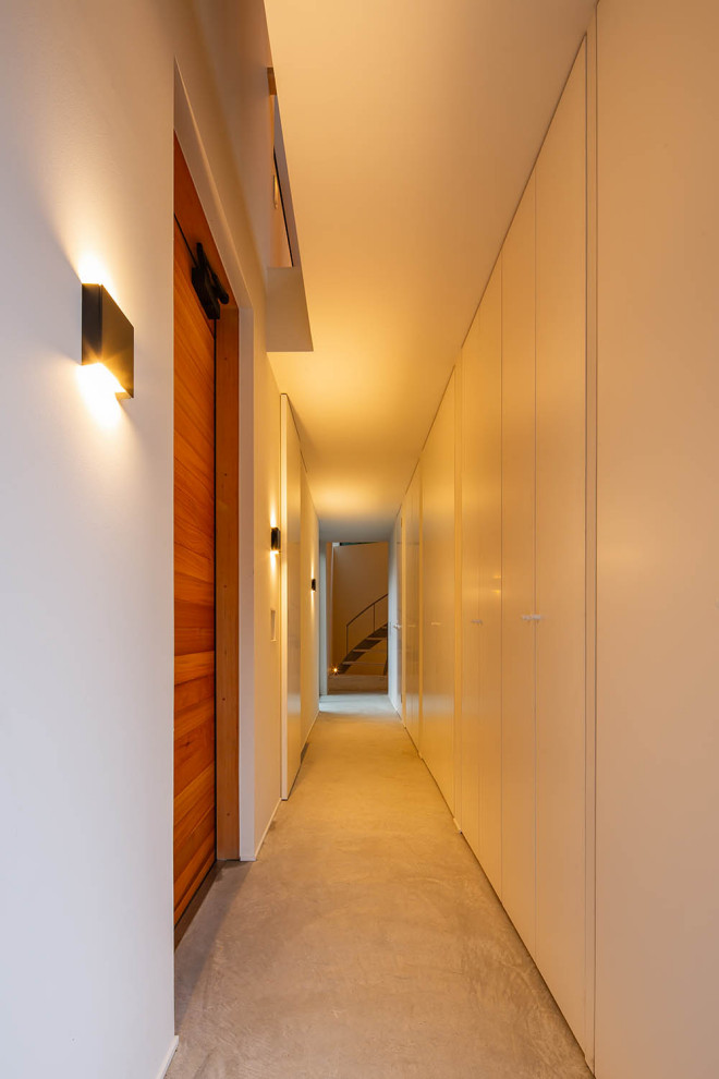 Diseño de recibidores y pasillos de estilo zen pequeños con paredes blancas, suelo de cemento y suelo gris