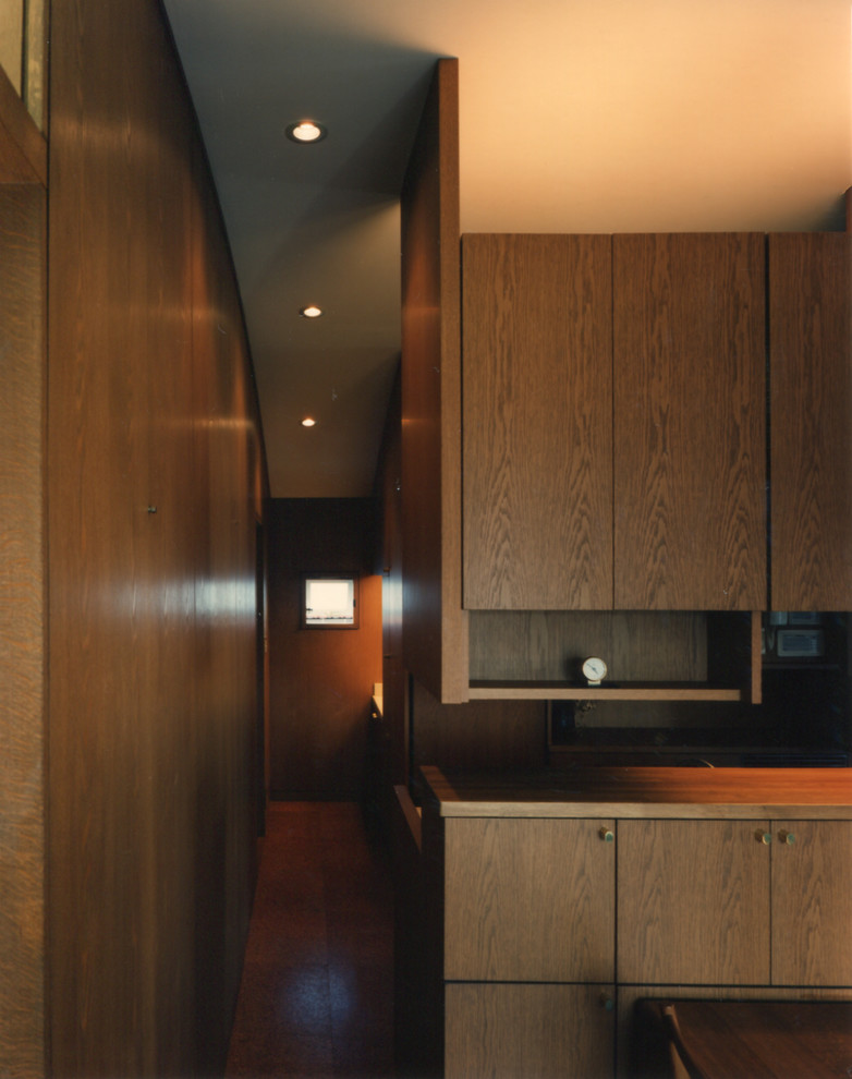 Идея дизайна: коридор среднего размера в восточном стиле с коричневыми стенами, пробковым полом и коричневым полом