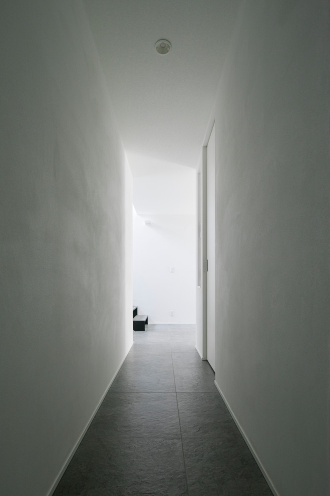 Modelo de recibidores y pasillos de estilo zen de tamaño medio con paredes blancas, suelo de baldosas de porcelana y suelo gris