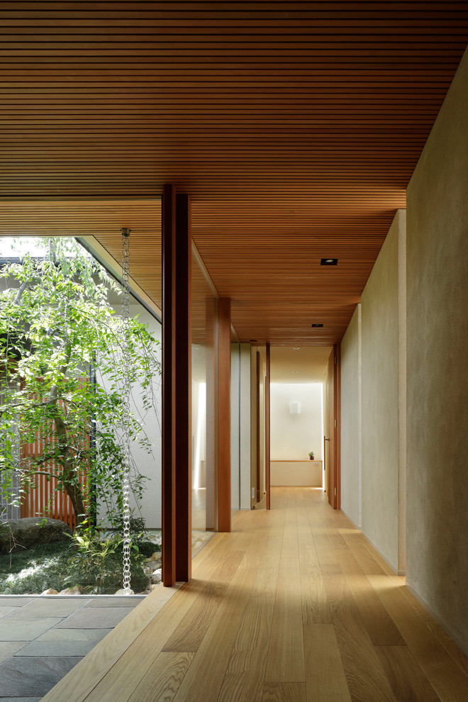 Diseño de recibidores y pasillos de estilo zen con paredes grises, suelo de madera clara y suelo marrón