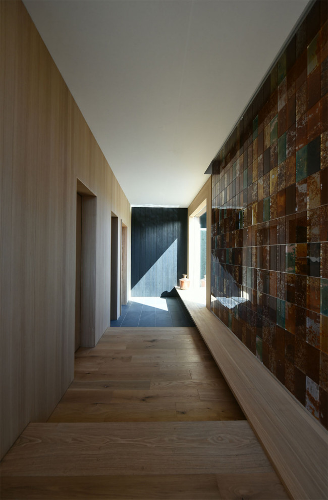 Example of a large minimalist light wood floor hallway design in Other with multicolored walls