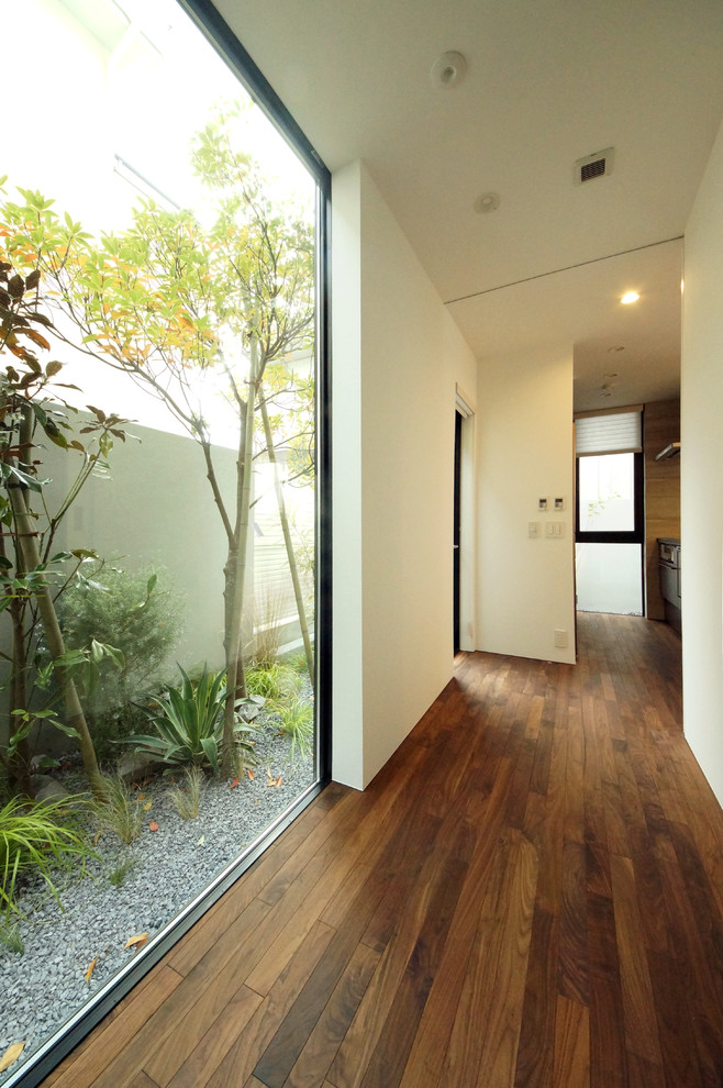 Foto de recibidores y pasillos minimalistas con paredes blancas, suelo de madera en tonos medios y suelo marrón