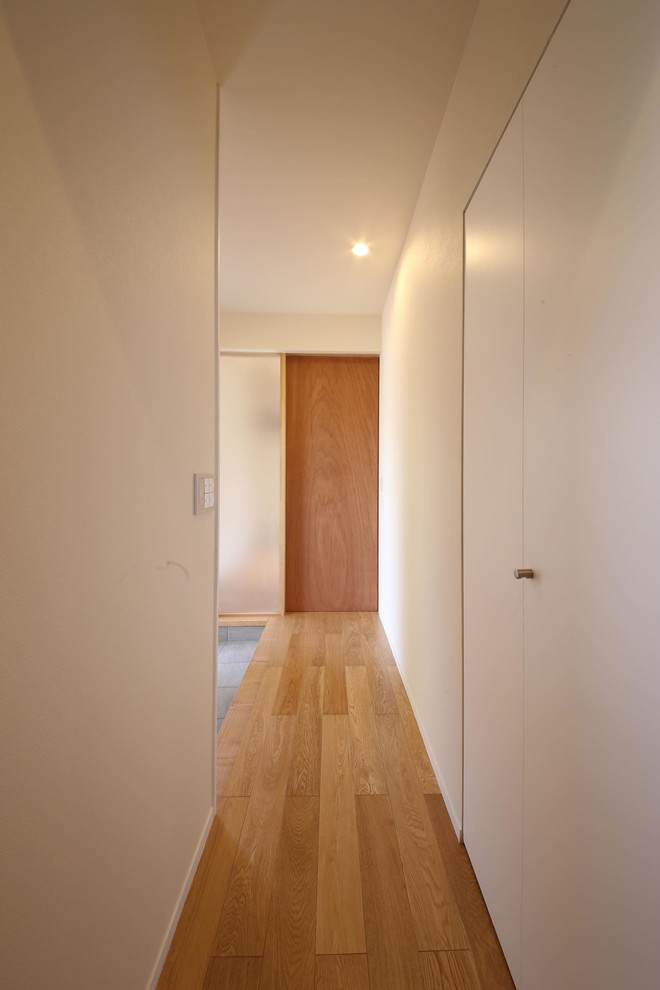 Idee per un ingresso o corridoio minimalista di medie dimensioni con pareti bianche, pavimento in compensato, pavimento marrone, soffitto in carta da parati e carta da parati