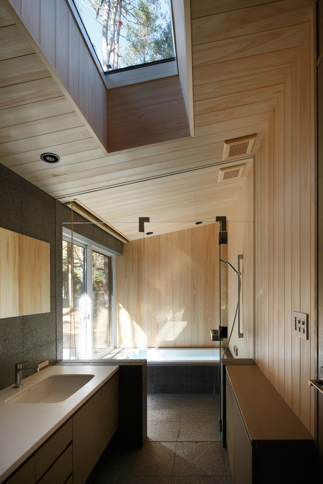 Esempio di una stanza da bagno minimalista con ante lisce, pareti grigie, lavabo sottopiano e porta doccia a battente