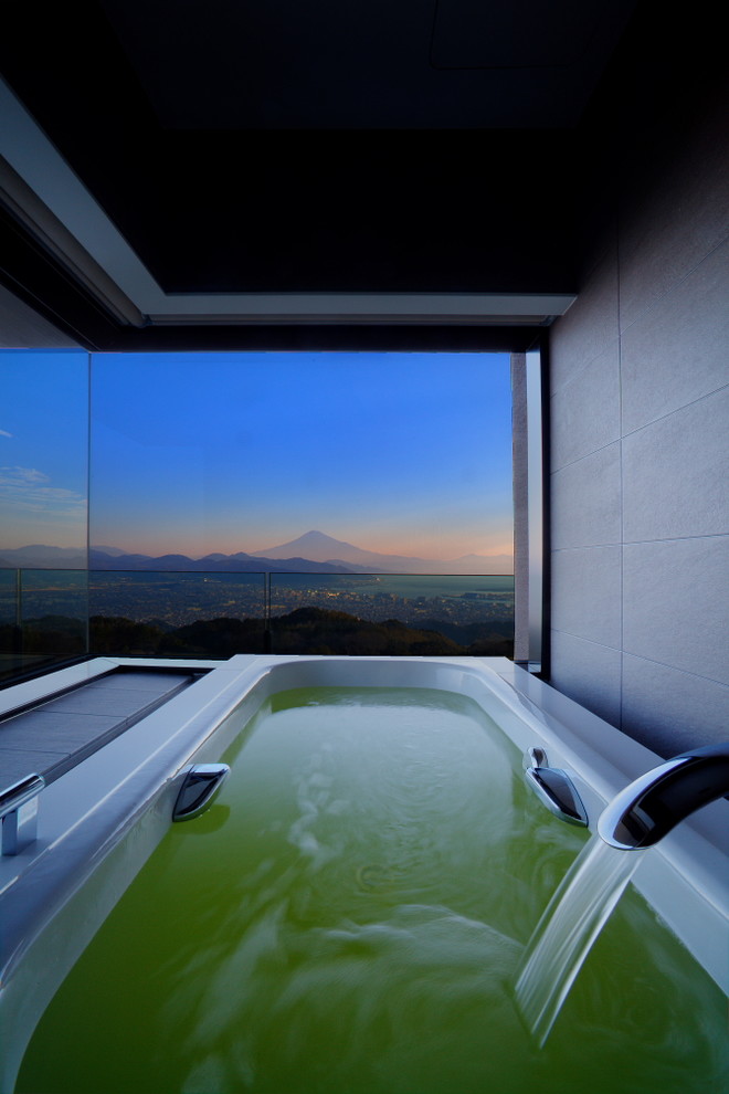 Foto di una stanza da bagno padronale minimalista con vasca idromassaggio e pareti grigie