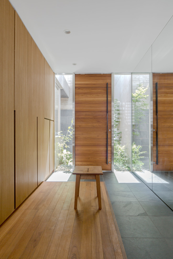 Идея дизайна: прихожая в стиле модернизм с коричневыми стенами, одностворчатой входной дверью, входной дверью из дерева среднего тона и коричневым полом