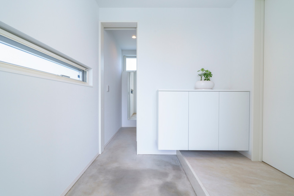 На фото: маленькая узкая прихожая в стиле модернизм с белыми стенами, бетонным полом, одностворчатой входной дверью, металлической входной дверью и серым полом для на участке и в саду
