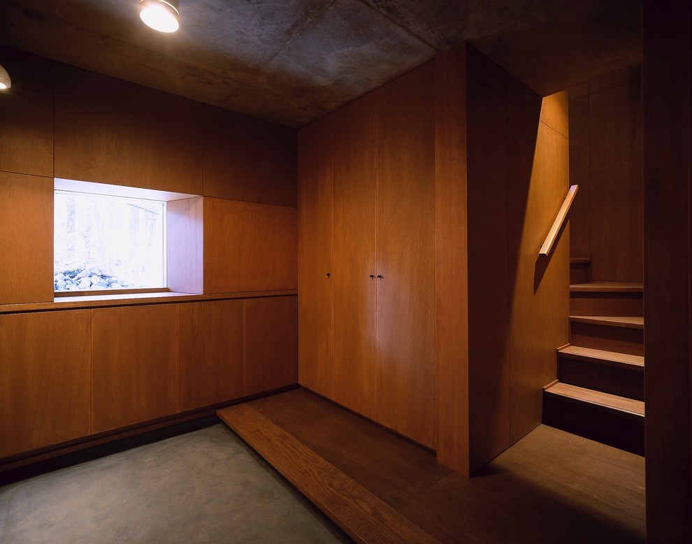This is an example of a small modern hallway in Other with brown walls, dark hardwood flooring, a single front door, a medium wood front door and brown floors.