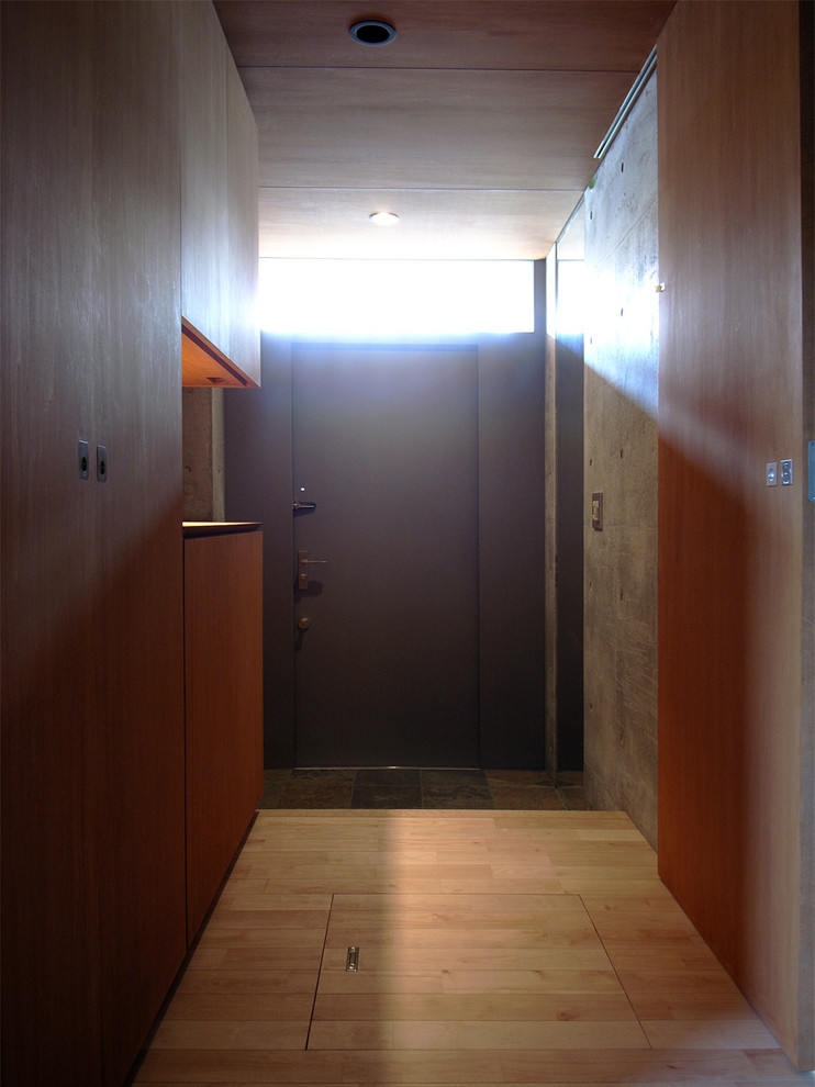 This is an example of a modern hallway in Tokyo Suburbs with grey walls, medium hardwood flooring, a single front door and a grey front door.