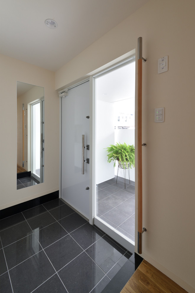 Immagine di un ingresso o corridoio minimal con pareti bianche, una porta singola, una porta bianca e pavimento nero