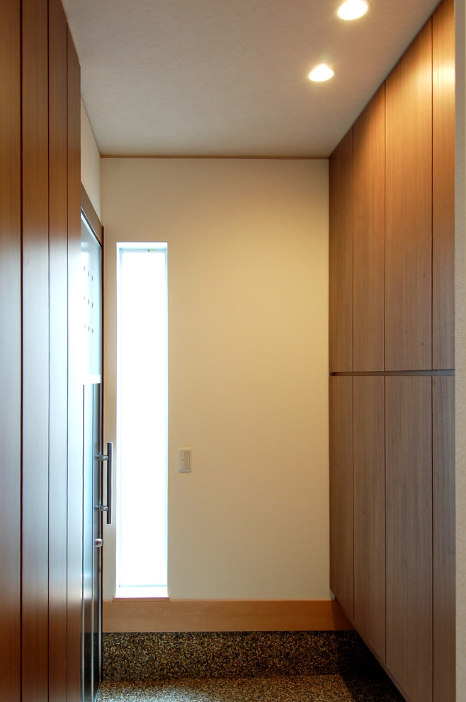 На фото: узкая прихожая в стиле модернизм с белыми стенами, полом из терраццо, раздвижной входной дверью, черной входной дверью и коричневым полом