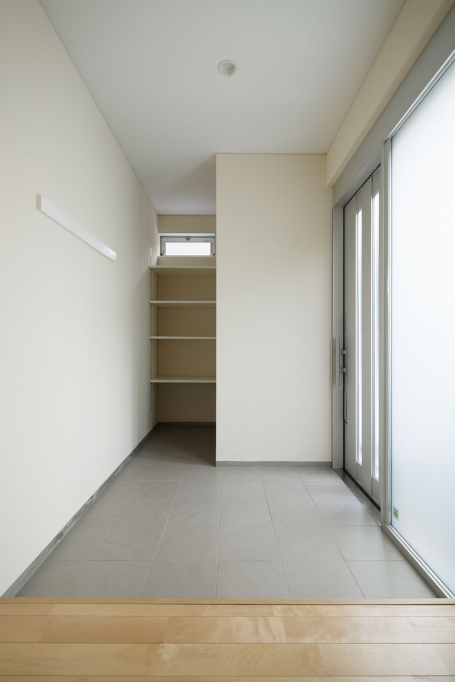Стильный дизайн: вестибюль среднего размера с белыми стенами, полом из сланца, раздвижной входной дверью и металлической входной дверью - последний тренд