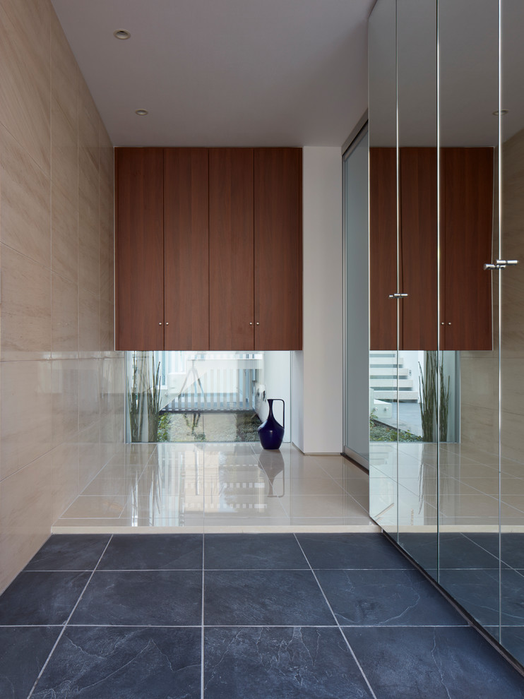 Cette image montre un vestibule minimaliste de taille moyenne avec un mur blanc et un sol en ardoise.
