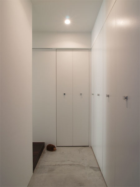 Ispirazione per un ingresso con vestibolo moderno di medie dimensioni con pareti bianche e pavimento in cemento