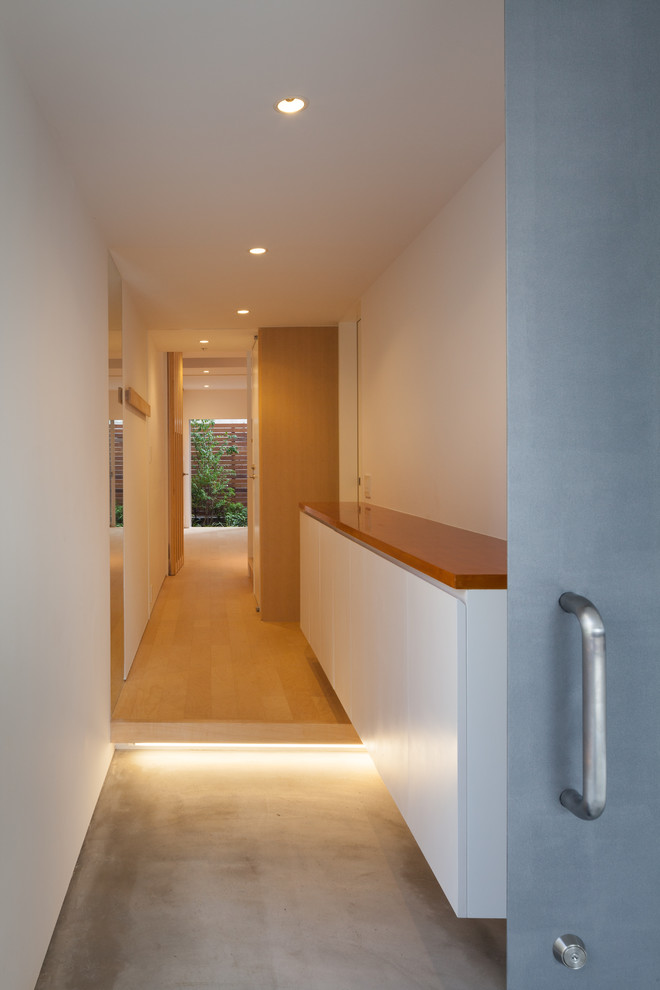Moderne Haustür mit weißer Wandfarbe, Sperrholzboden, Schiebetür, Haustür aus Metall und beigem Boden in Tokio