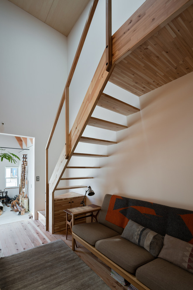 Стильный дизайн: маленькая прямая лестница в скандинавском стиле с деревянными ступенями, деревянными перилами и деревянными стенами без подступенок для на участке и в саду - последний тренд