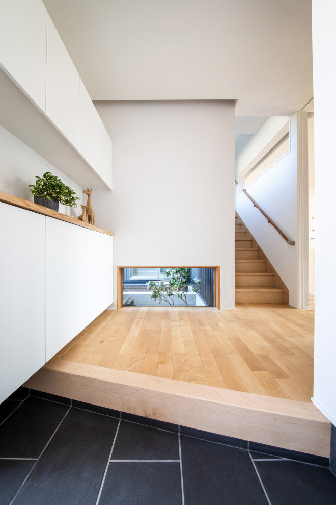 Mittelgroßer Moderner Eingang mit Korridor, weißer Wandfarbe, braunem Holzboden, hellbrauner Holzhaustür, beigem Boden und Tapetendecke in Sonstige