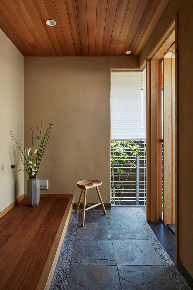 Modern inredning av en hall, med en enkeldörr, bruna väggar, mellanmörk trädörr och grått golv