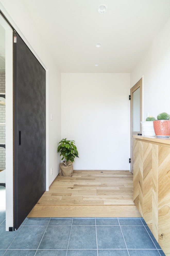 Idee per un ingresso moderno di medie dimensioni con pareti bianche, parquet chiaro, una porta singola, una porta marrone e pavimento marrone