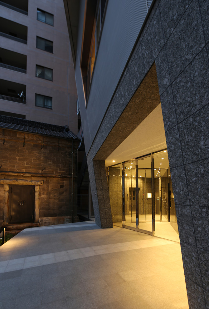 Свежая идея для дизайна: огромный вестибюль в стиле модернизм с серыми стенами, гранитным полом, раздвижной входной дверью, металлической входной дверью и серым полом - отличное фото интерьера