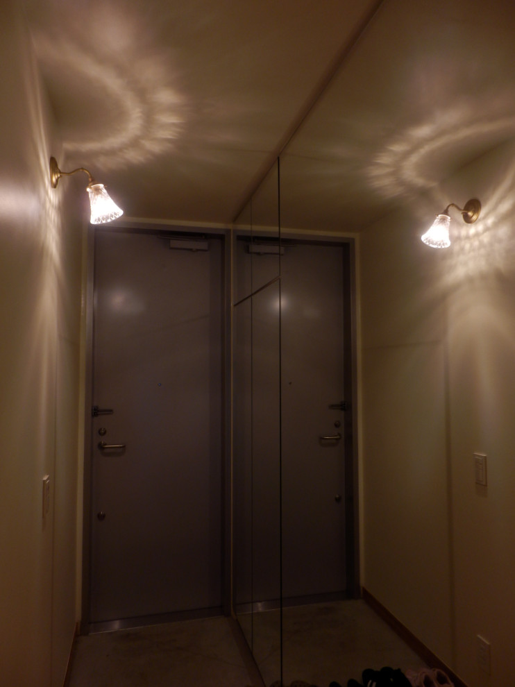 東京23区にある低価格の小さなトランジショナルスタイルのおしゃれな玄関 (白い壁、コンクリートの床、グレーのドア、グレーの床) の写真