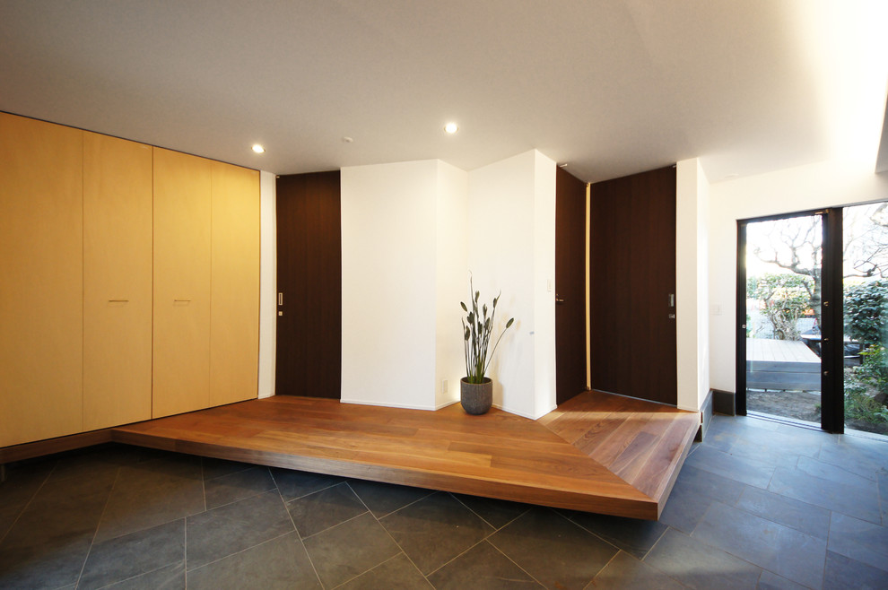 Ispirazione per un ingresso con vestibolo contemporaneo di medie dimensioni con pareti bianche, pavimento in ardesia e una porta in legno scuro