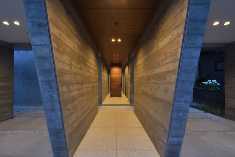 Cette image montre une entrée minimaliste avec un mur gris, une porte simple et une porte en bois foncé.