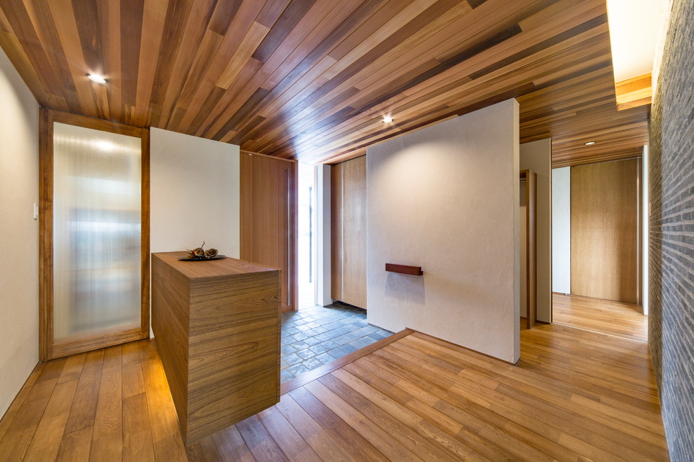 Modelo de hall asiático con paredes blancas, puerta simple, suelo gris, puerta de madera en tonos medios y madera