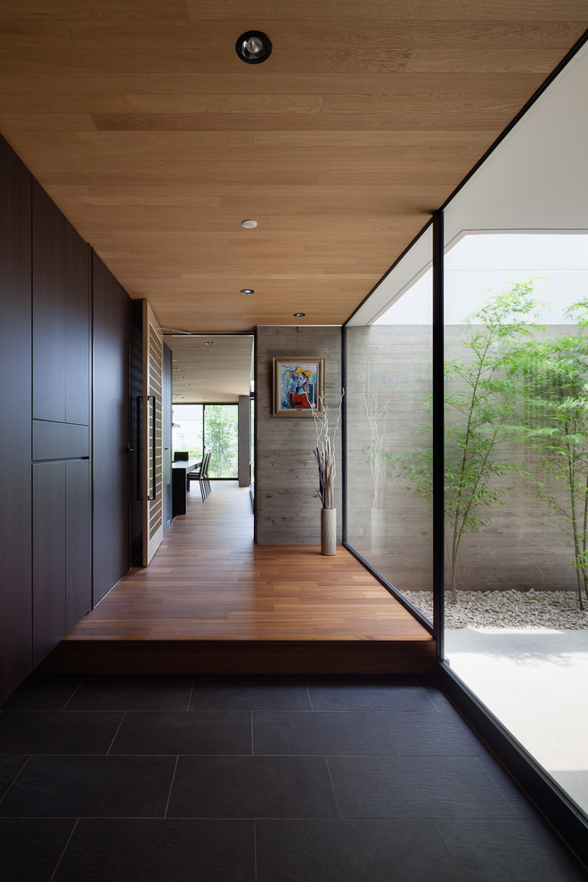 Источник вдохновения для домашнего уюта: узкая прихожая в стиле модернизм с серыми стенами