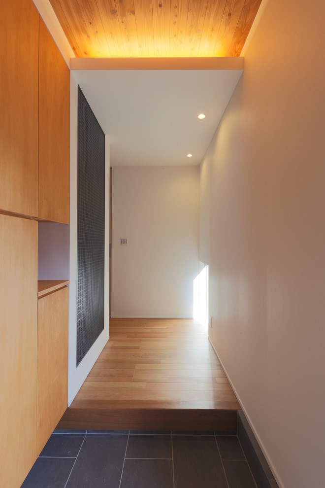 Cette image montre une petite porte d'entrée minimaliste avec un mur blanc, une porte coulissante, une porte noire, un sol marron et un sol en contreplaqué.