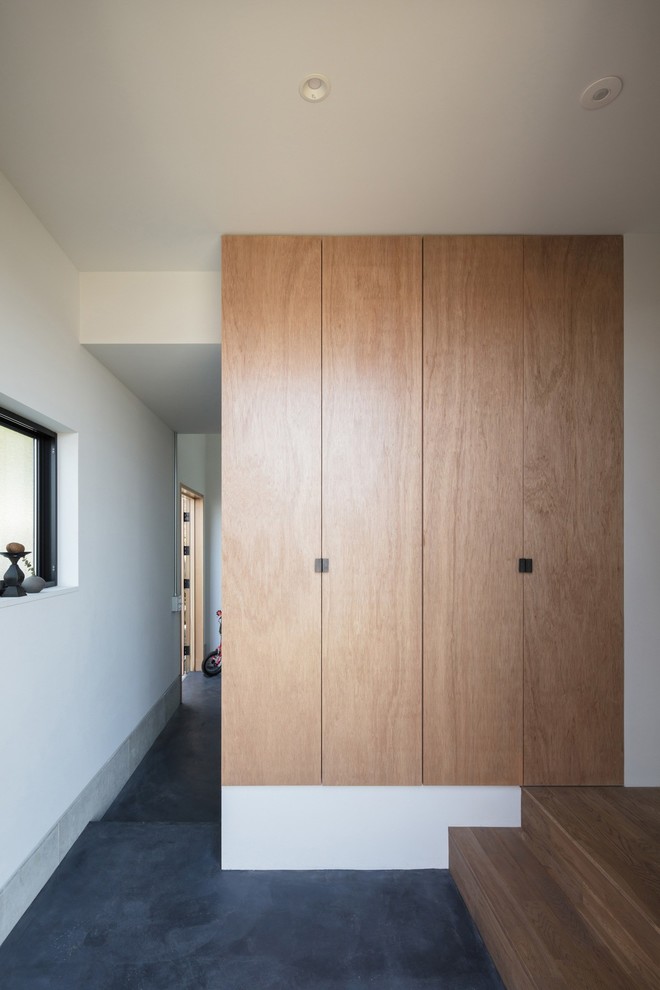 На фото: узкая прихожая среднего размера в стиле модернизм с белыми стенами, паркетным полом среднего тона, одностворчатой входной дверью, входной дверью из дерева среднего тона и коричневым полом с