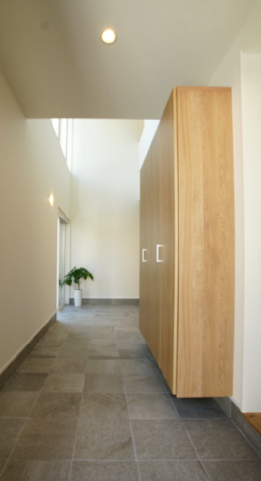 Imagen de entrada moderna de tamaño medio con paredes blancas, suelo de madera clara y suelo beige