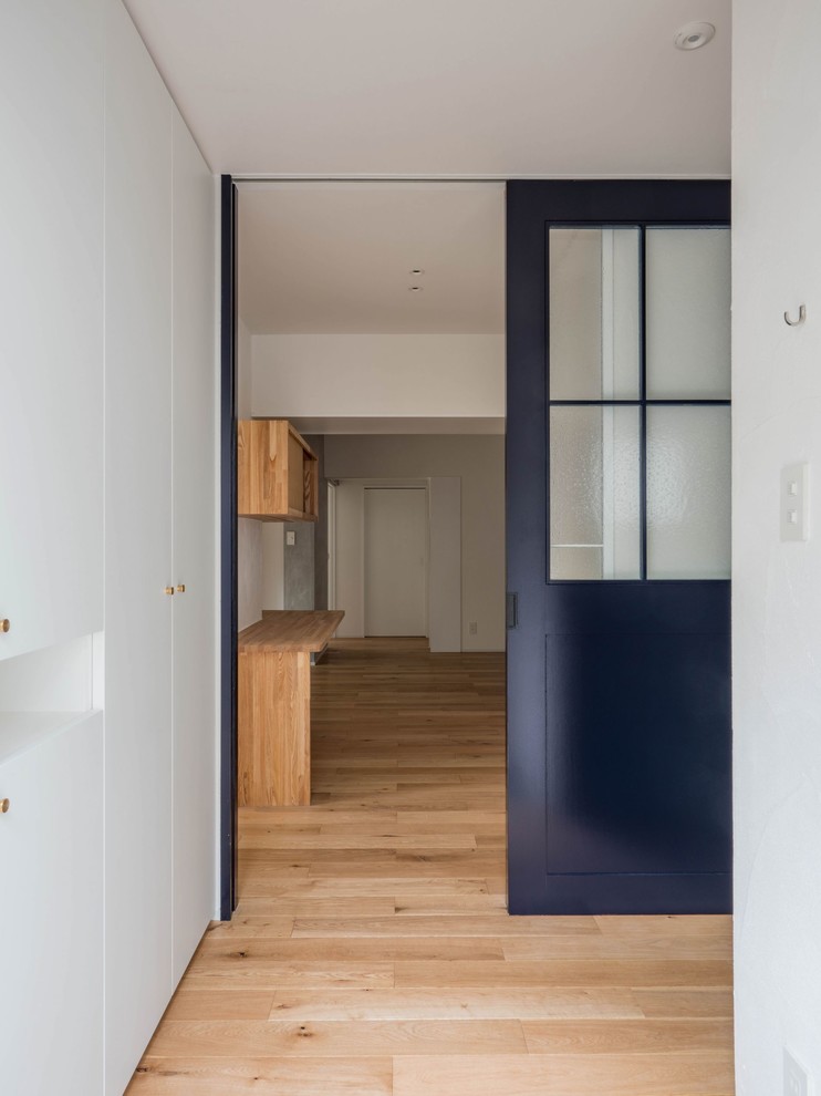 Idéer för en stor modern hall, med vita väggar, mellanmörkt trägolv, en skjutdörr, en blå dörr och brunt golv