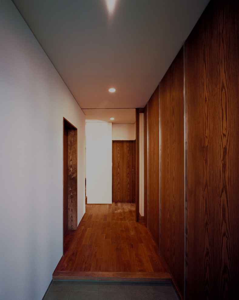 Источник вдохновения для домашнего уюта: фойе среднего размера в стиле модернизм с белыми стенами, полом из керамической плитки, одностворчатой входной дверью, серой входной дверью и серым полом