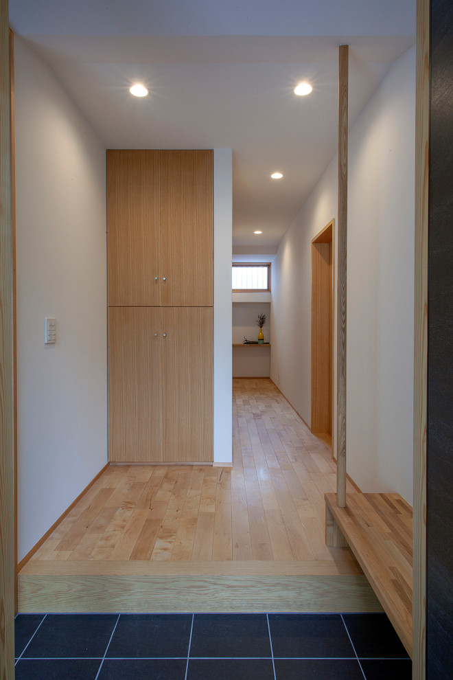 Idee per una porta d'ingresso moderna di medie dimensioni con pareti beige, pavimento in gres porcellanato, una porta singola, una porta in legno scuro e pavimento nero