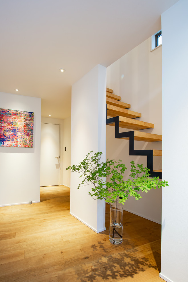 Foto de entrada minimalista con paredes blancas y suelo de madera en tonos medios