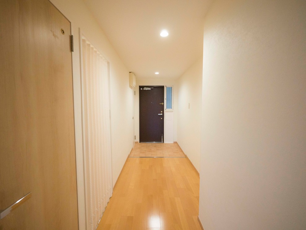 Immagine di un ingresso o corridoio moderno di medie dimensioni con pareti bianche, pavimento in compensato e pavimento marrone