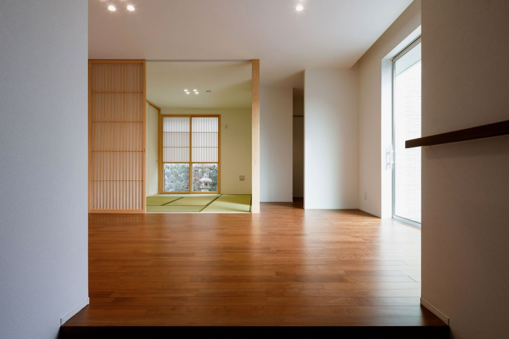 Источник вдохновения для домашнего уюта: большая прихожая в современном стиле с белыми стенами, полом из фанеры, одностворчатой входной дверью, коричневой входной дверью и коричневым полом