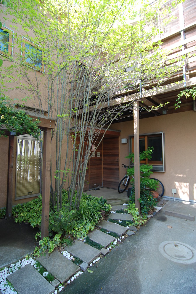 Mittelgroßer Eingang mit brauner Wandfarbe, Betonboden, Einzeltür und brauner Haustür in Tokio