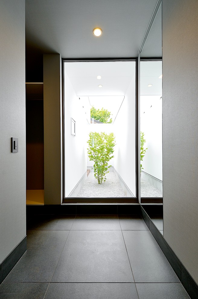 На фото: узкая прихожая в стиле модернизм с белыми стенами, полом из керамогранита, одностворчатой входной дверью, металлической входной дверью и черным полом с