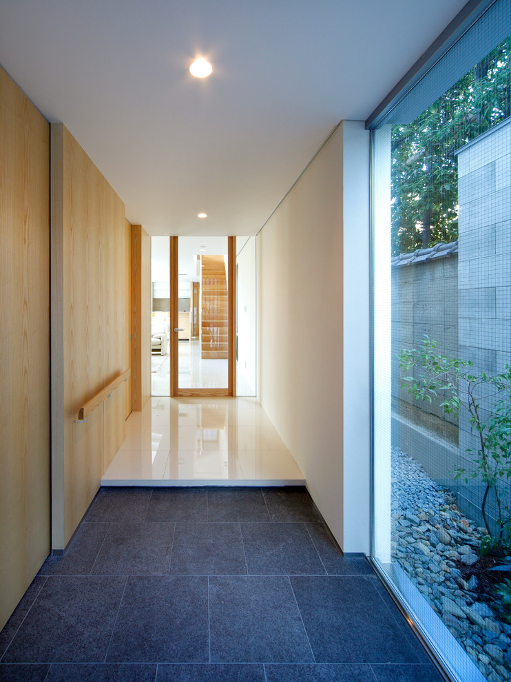 Cette image montre une entrée minimaliste avec sol en granite, une porte métallisée et un sol gris.