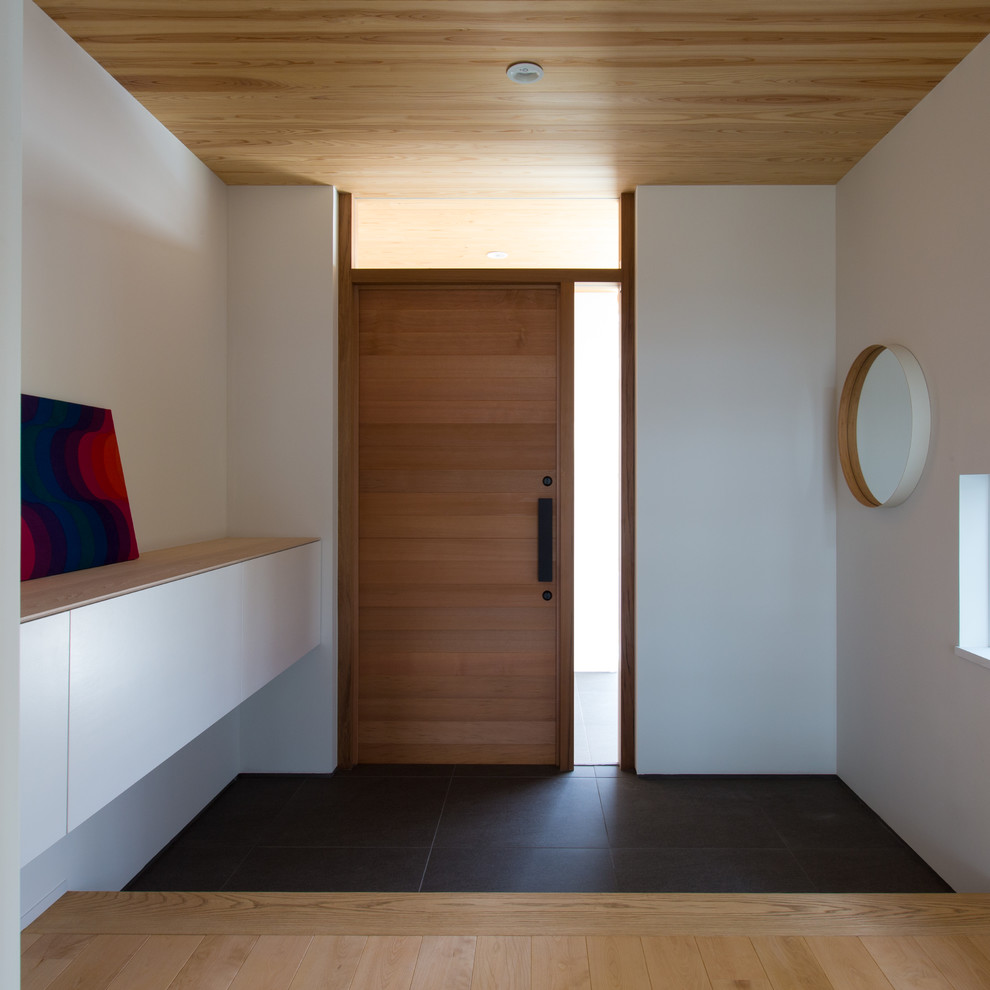 Стильный дизайн: узкая прихожая в стиле модернизм с белыми стенами, одностворчатой входной дверью, входной дверью из дерева среднего тона и черным полом - последний тренд