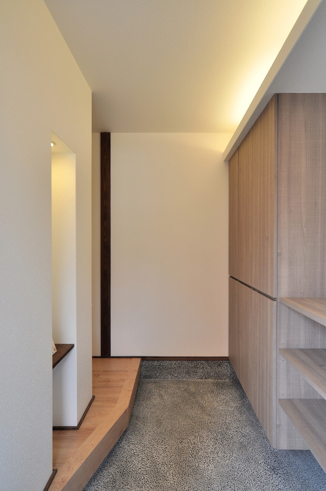На фото: узкая прихожая в стиле модернизм с белыми стенами, полом из терраццо, входной дверью из темного дерева и черным полом
