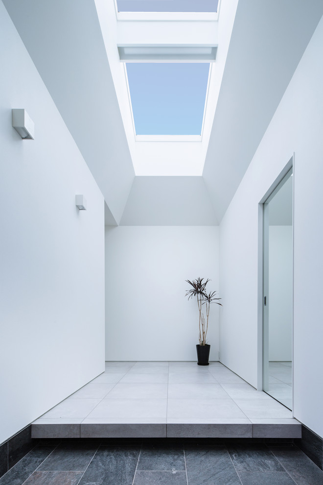 Foto de hall blanco minimalista de tamaño medio con puerta de madera oscura, paredes blancas, suelo de baldosas de porcelana, puerta corredera, suelo gris y papel pintado