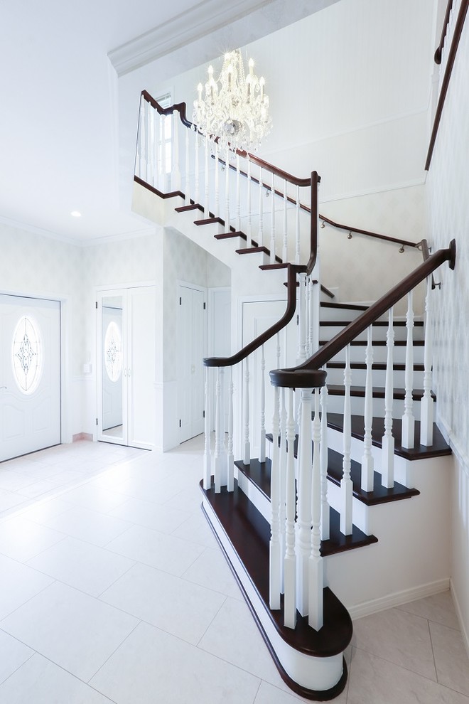 Large classic hallway in Other with white walls, plywood flooring, a double front door, a white front door and white floors.
