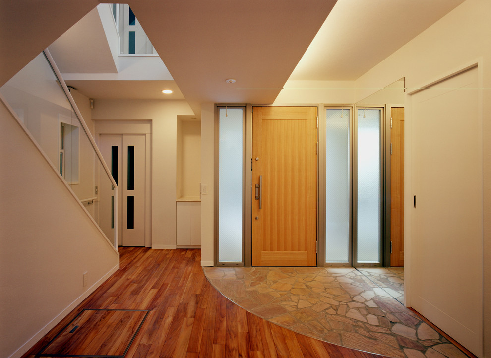 Идея дизайна: большая узкая прихожая в стиле модернизм с белыми стенами, гранитным полом, одностворчатой входной дверью, коричневой входной дверью и коричневым полом