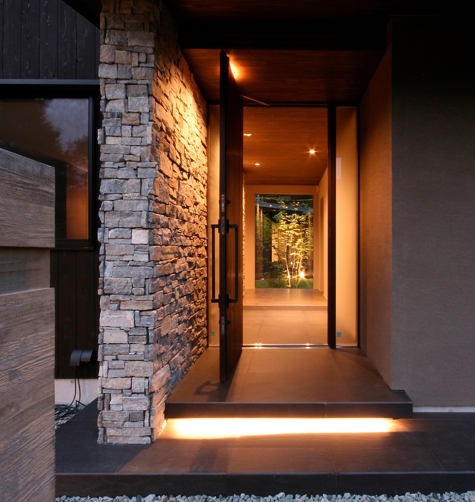 Foto de entrada moderna grande con paredes marrones, puerta simple, puerta de madera oscura y suelo negro