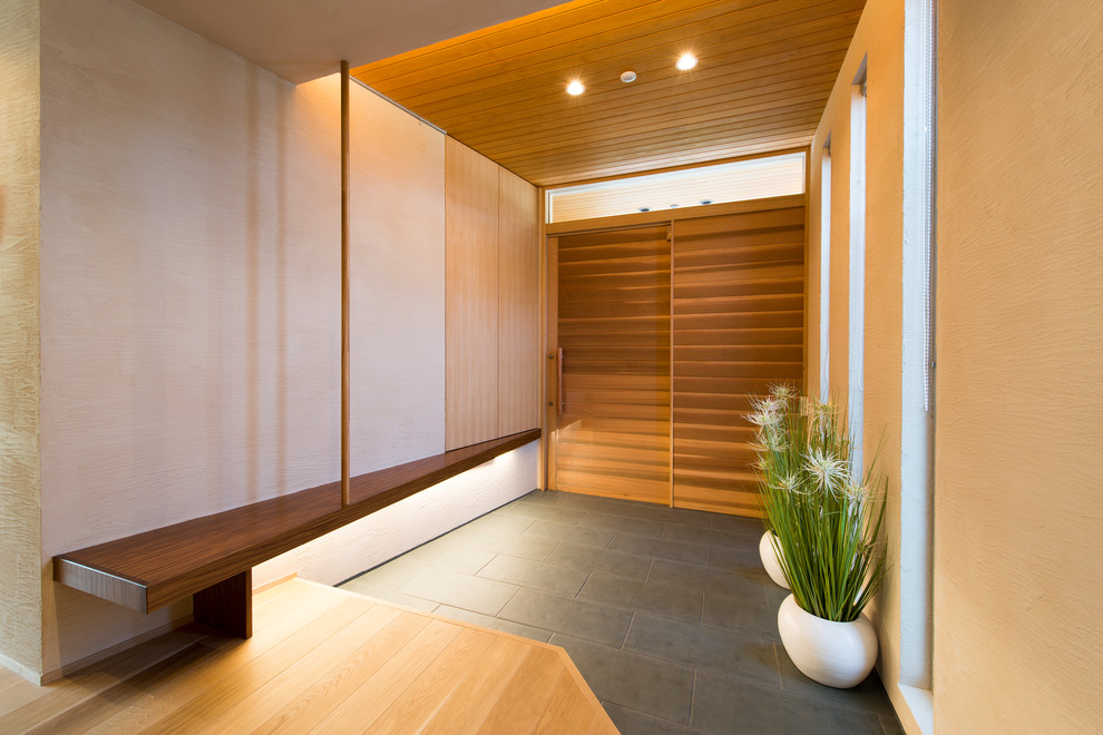 Diseño de entrada de estilo zen con paredes blancas, puerta corredera, puerta de madera en tonos medios y suelo negro