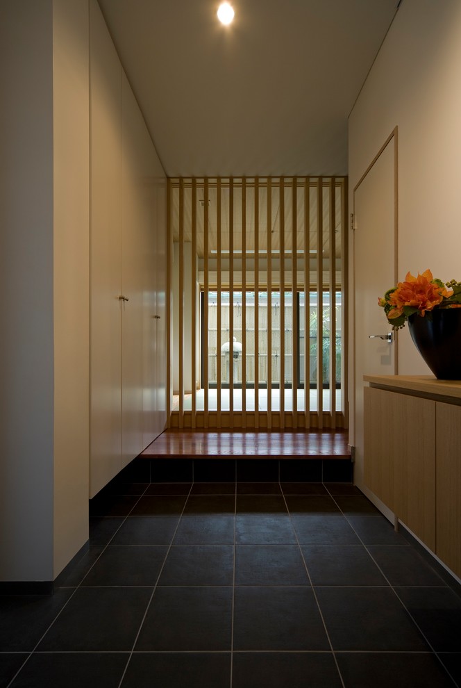 This is an example of a modern hallway in Other with white walls, ceramic flooring and black floors.