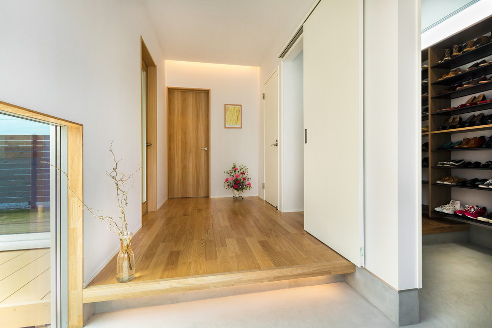 Inspiration for a contemporary light wood floor entry hall remodel in Other with white walls